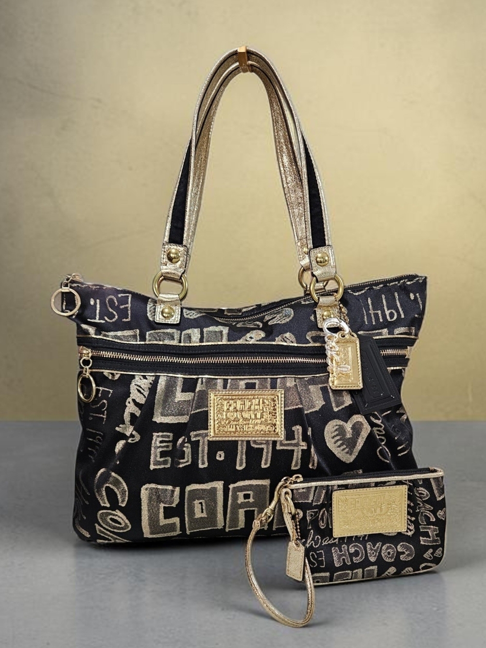 Coach Poppy Graffiti 2010 Black & Gold Storypatch Print Tote with Wristlet